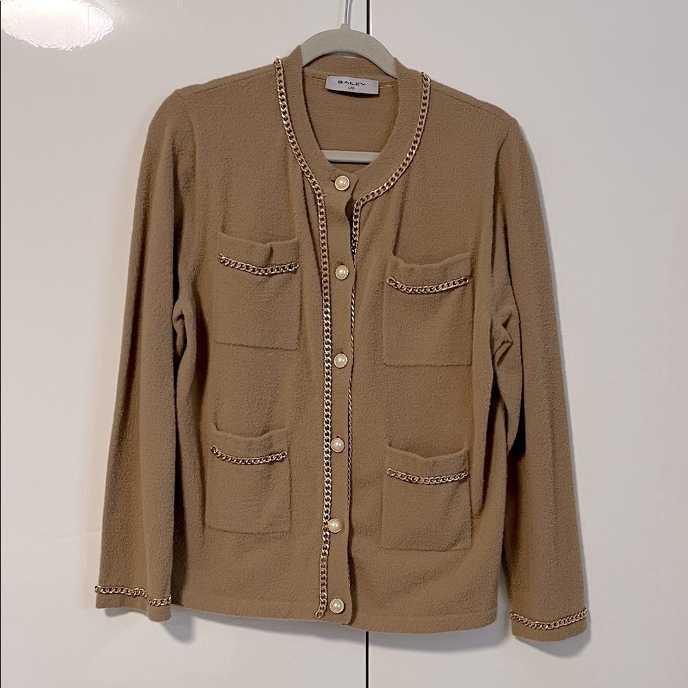 BAILEY Beige Textured Cardigan Pearl Button and Chain Detail, Size L